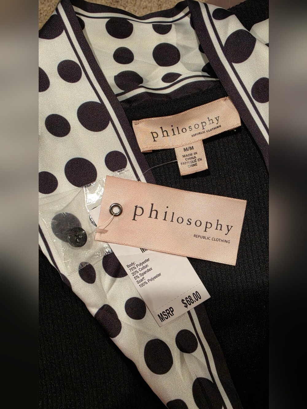 Philosophy Black Button Front Top with Polka Dot Neck Scarf Med New - Picture 6 of 11